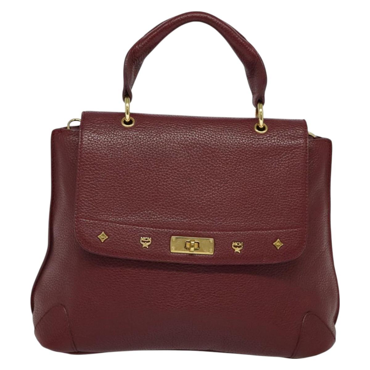 MCM Studs Hand Bag Leather 2way Bordeaux Gold Auth 129455