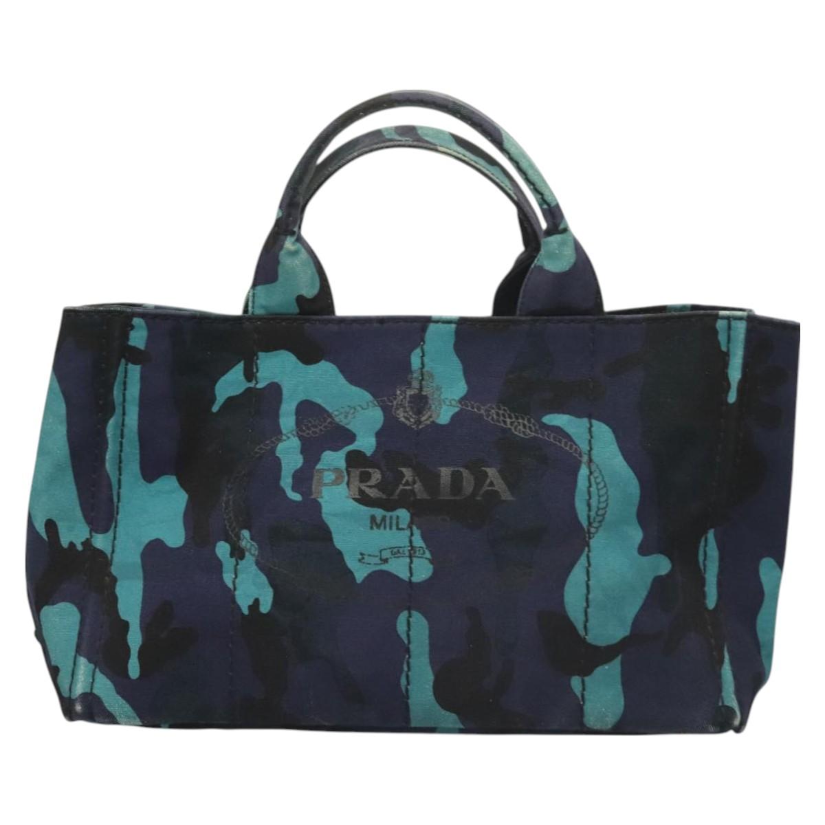 PRADA Canapa MM Hand Bag Canvas Blue Silver Camouflage Auth 129470