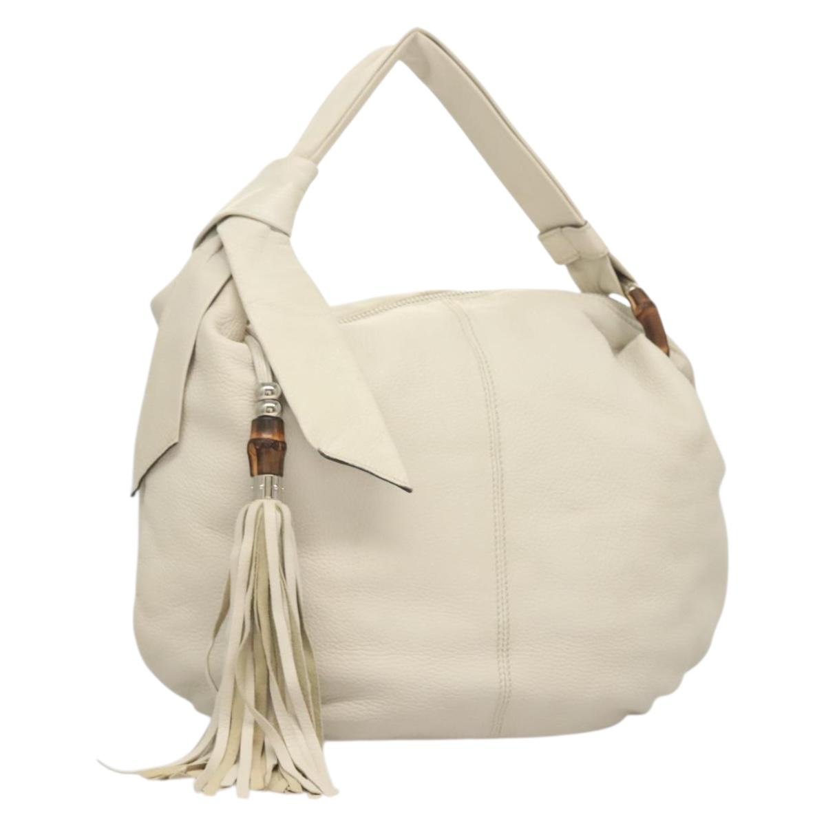 GUCCI Bamboo Shoulder Bag Leather White Silver 232930 Auth 129493
