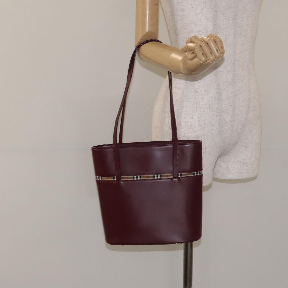 BURBERRY Tote Bag Leather Bordeaux Silver Auth 129538