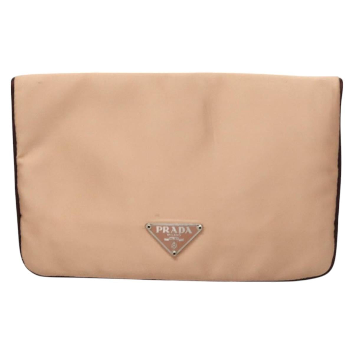PRADA Pouch Satin Beige Auth 129577