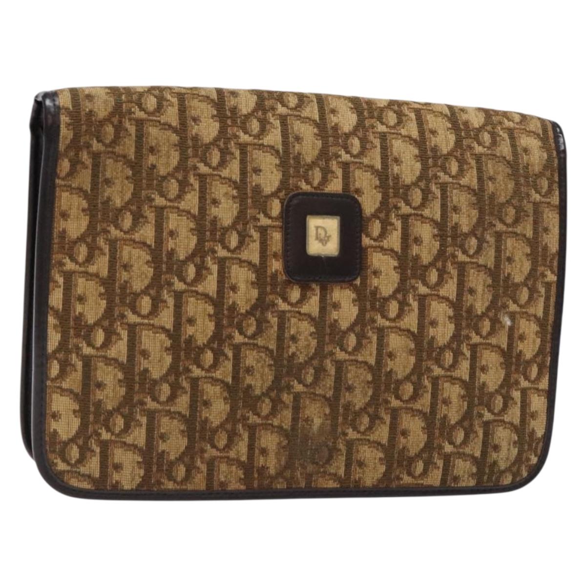 Christian Dior Trotter Canvas Shoulder Bag Brown Gold Auth 129621