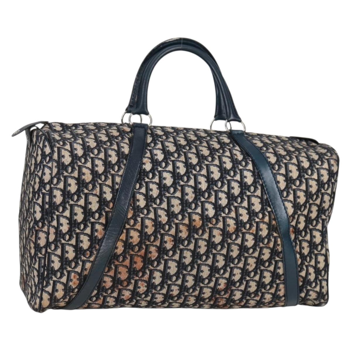 Christian Dior Trotter Canvas Boston Bag Navy Silver Auth 129623