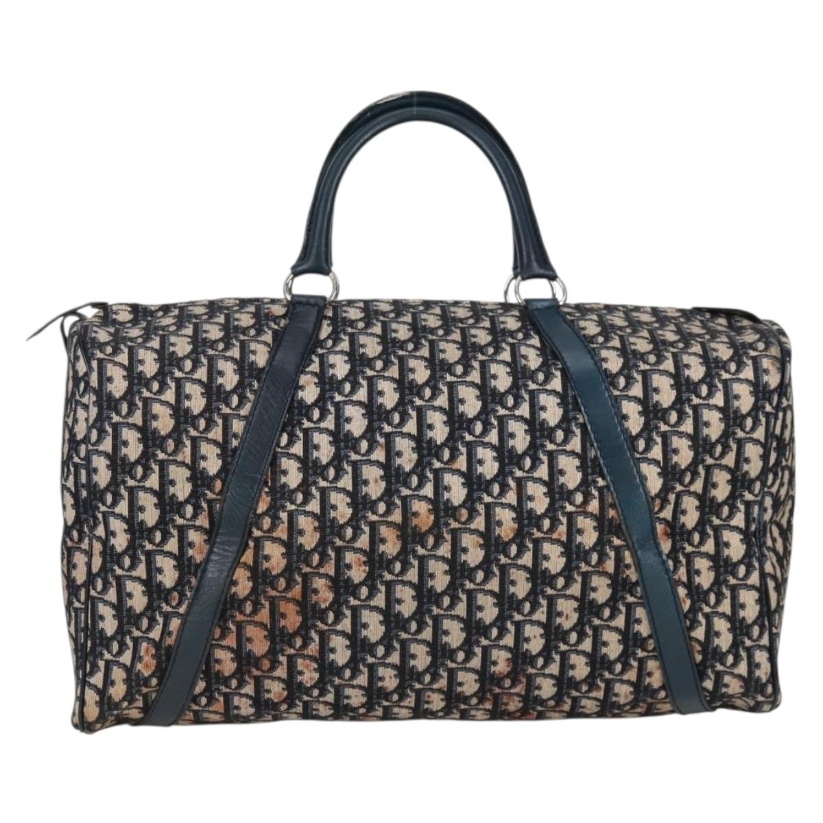 Christian Dior Trotter Canvas Boston Bag Navy Silver Auth 129623