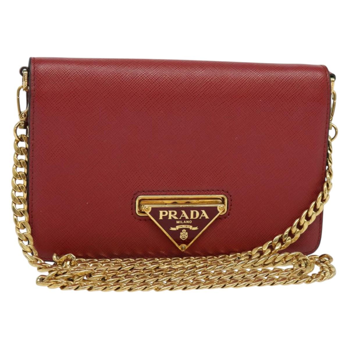 PRADA Chain Shoulder Bag Leather Red Gold Auth 129643