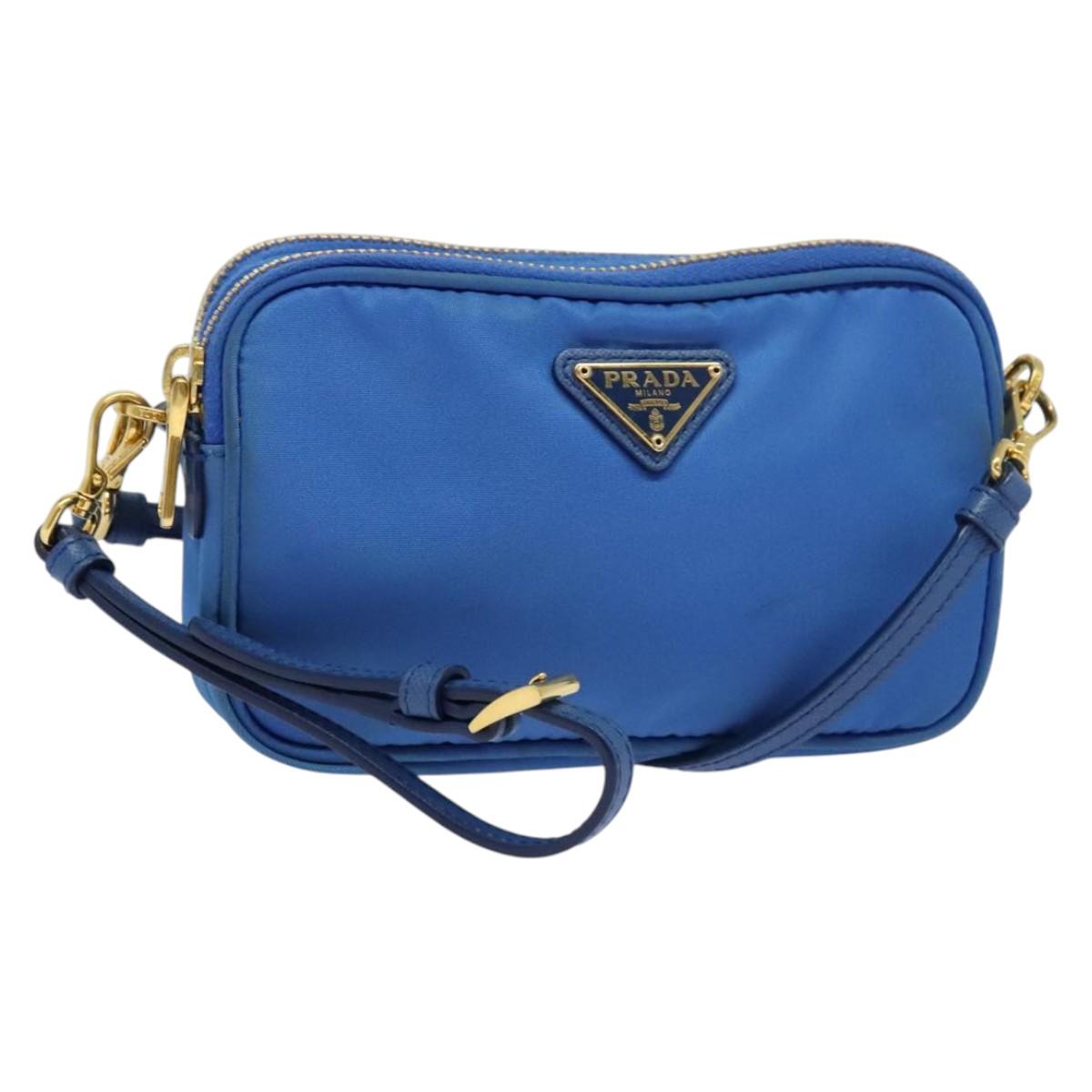 PRADA Shoulder Bag Nylon Gold Blue Auth 129679A