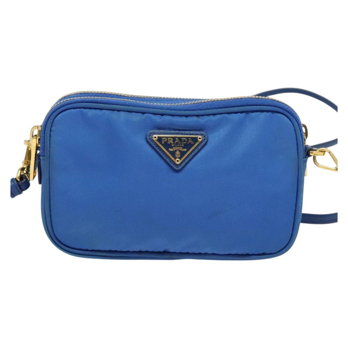 PRADA Shoulder Bag Nylon Gold Blue Auth 129679A