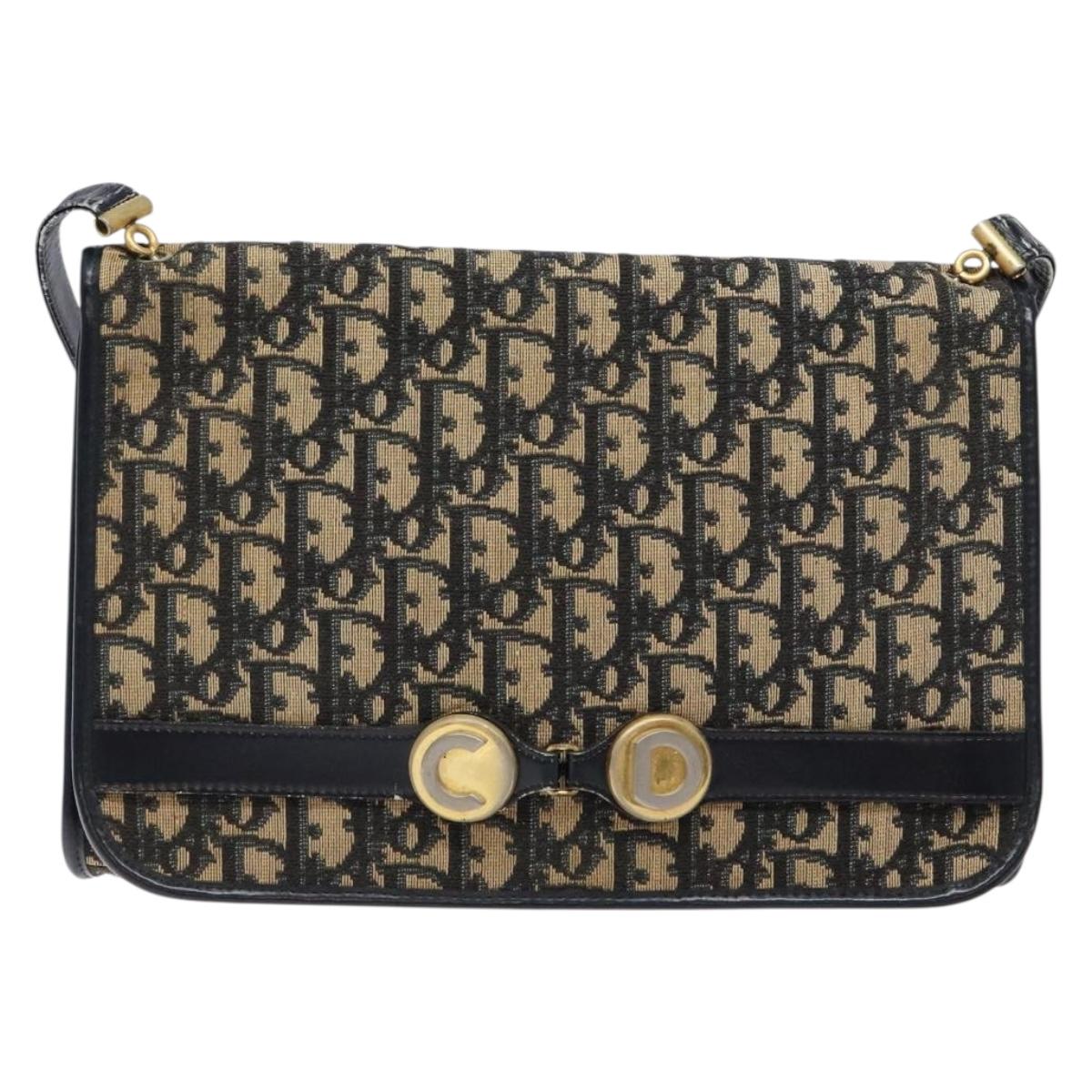 Christian Dior Trotter Canvas Shoulder Bag Navy Gold Auth 129696