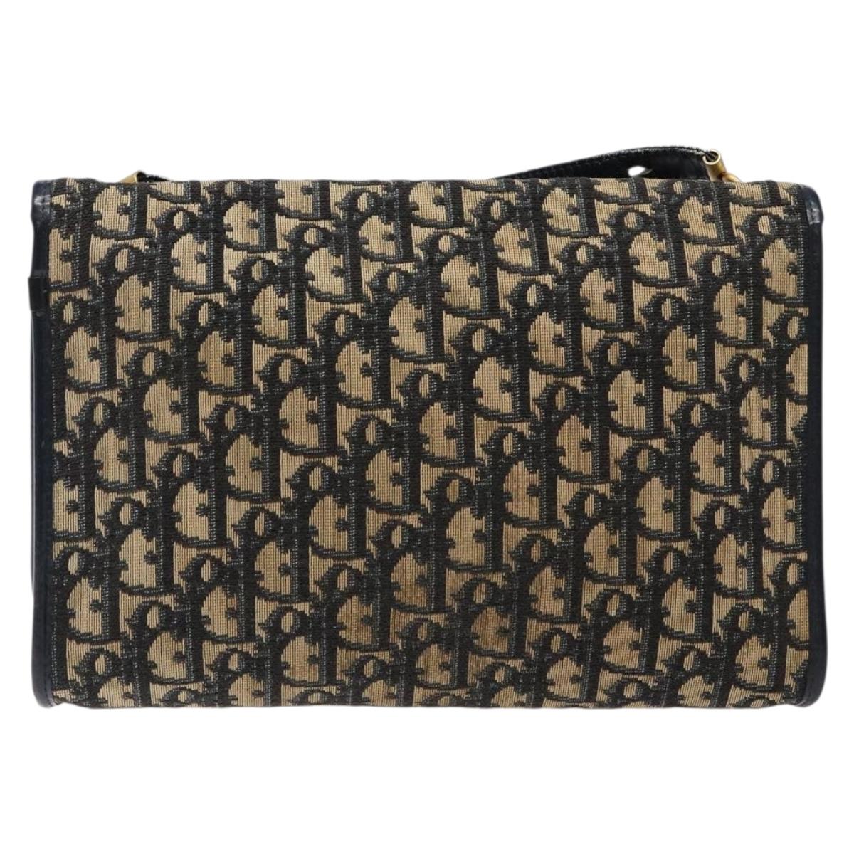 Christian Dior Trotter Canvas Shoulder Bag Navy Gold Auth 129696