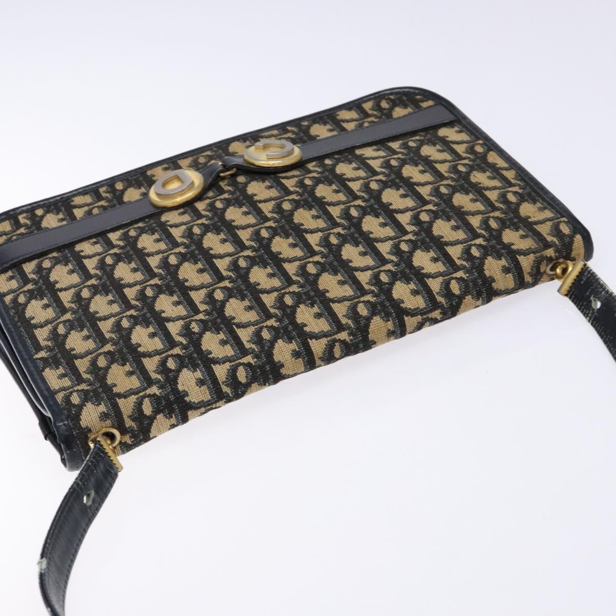Christian Dior Trotter Canvas Shoulder Bag Navy Gold Auth 129696