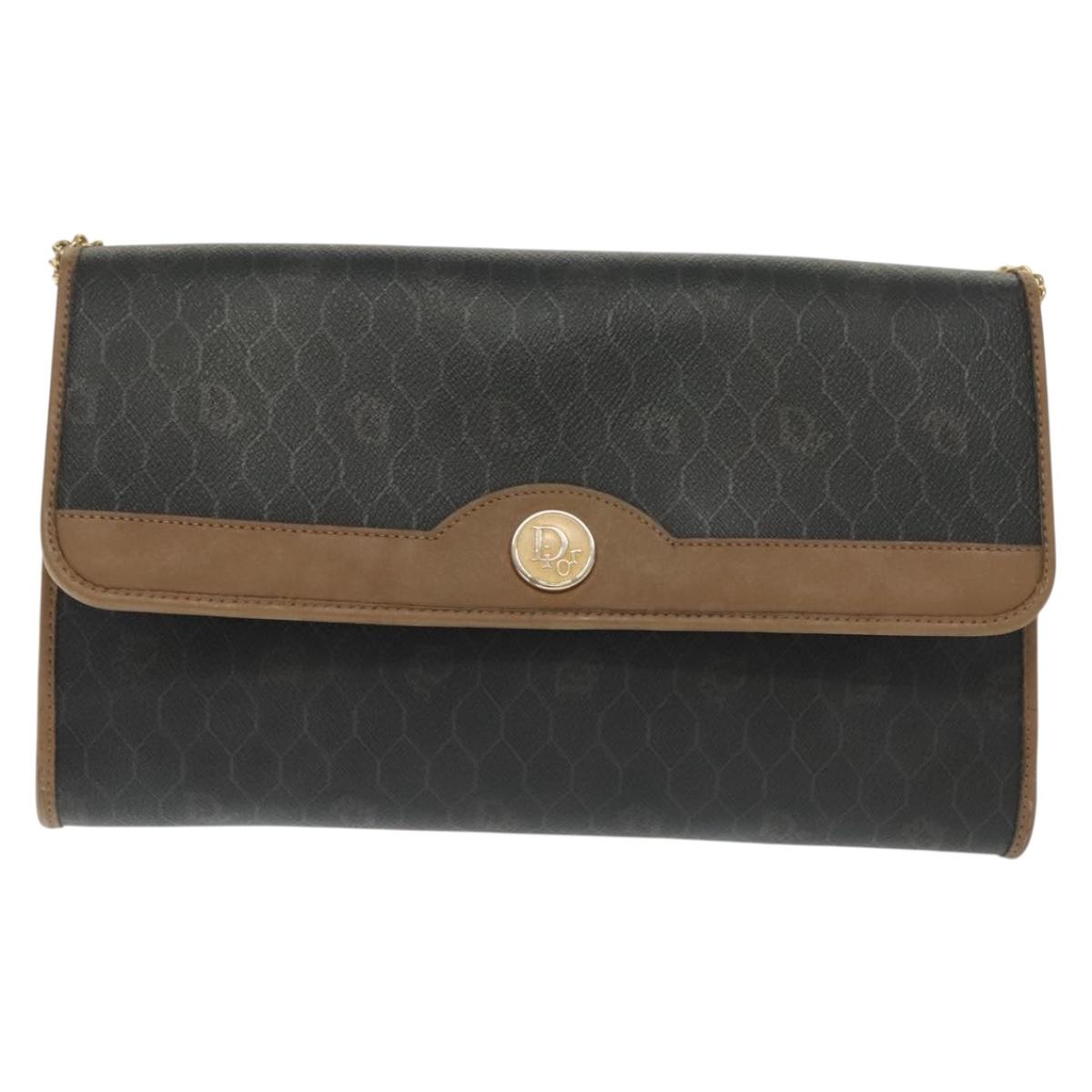 Christian Dior Honeycomb Canvas Chain Shoulder Bag PVC Black Gold Auth 129697