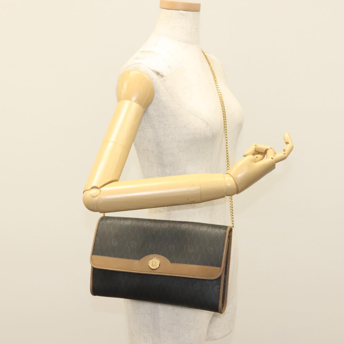 Christian Dior Honeycomb Canvas Chain Shoulder Bag PVC Black Gold Auth 129697
