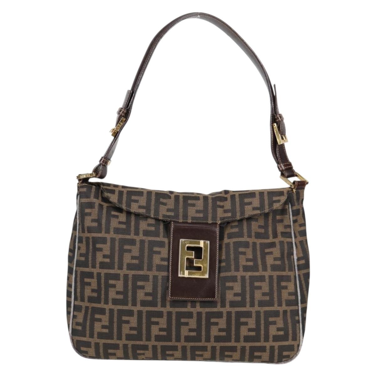 FENDI Zucca Canvas Shoulder Bag Black Brown gold Auth 129703