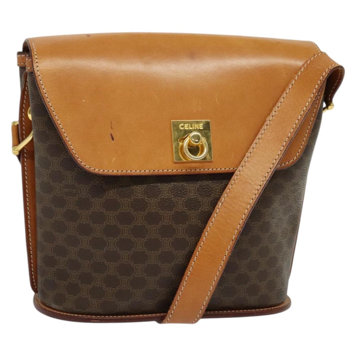 CELINE Macadam Canvas Shoulder Bag PVC Leather Brown Gold Auth 129705