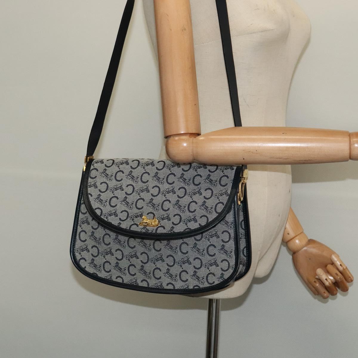 CELINE C Sulky Shoulder Bag Canvas Navy Gold Auth 129708