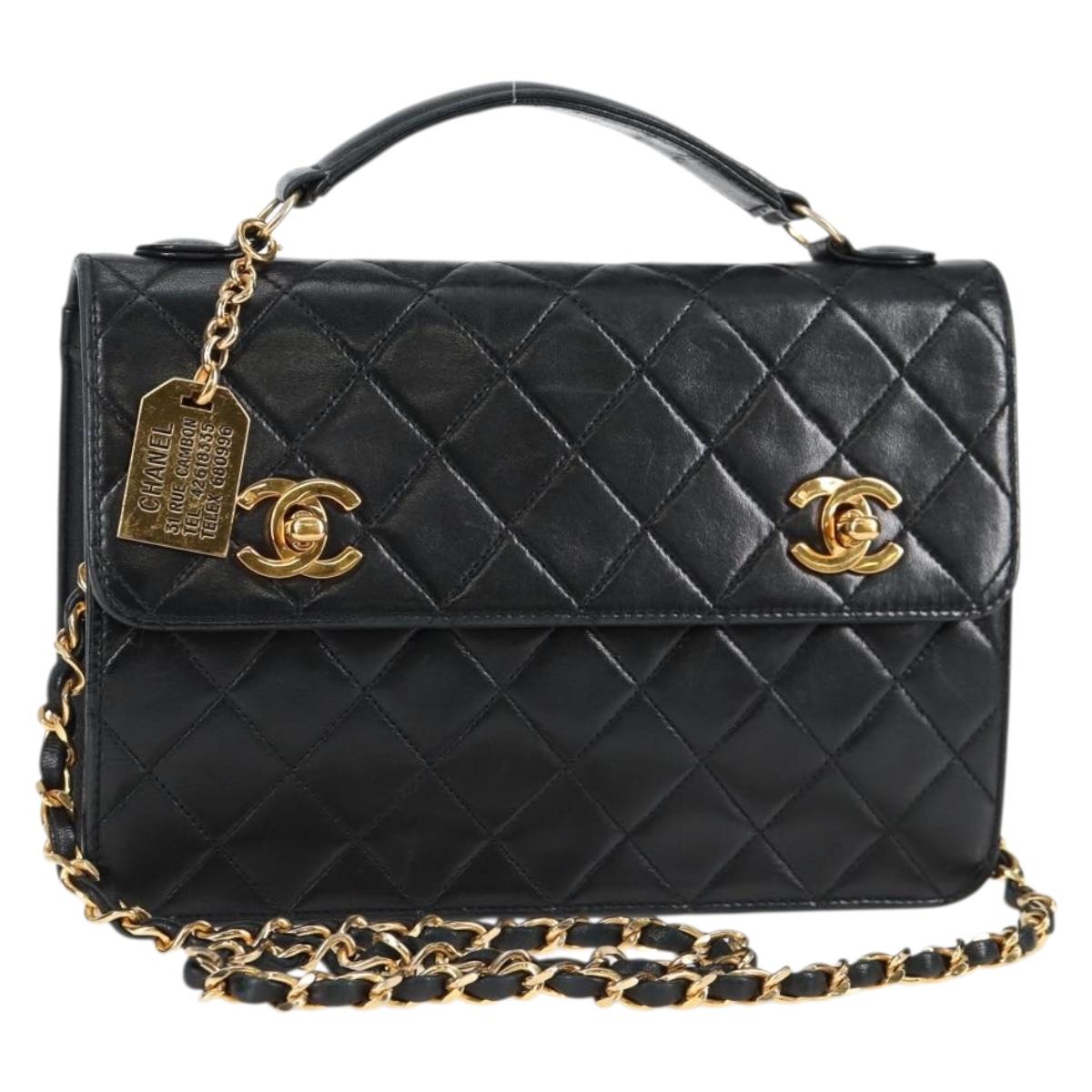 CHANEL Matelasse Chain Shoulder Bag Lamb Skin 2way Black Gold CC Auth 129737SV
