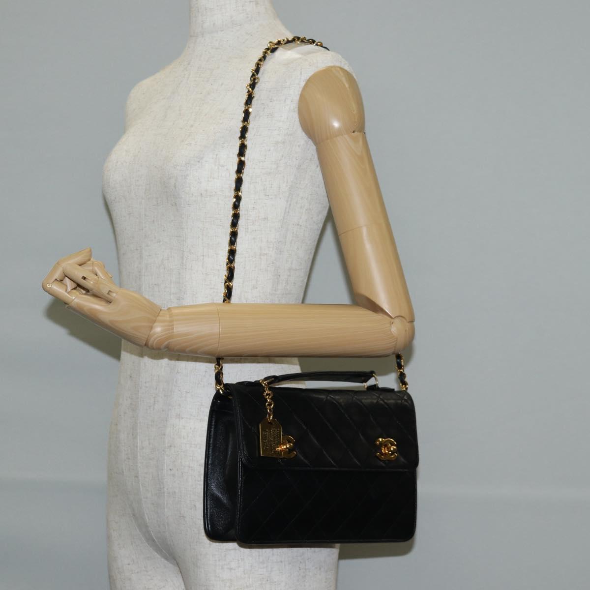 CHANEL Matelasse Chain Shoulder Bag Lamb Skin 2way Black Gold CC Auth 129737SV