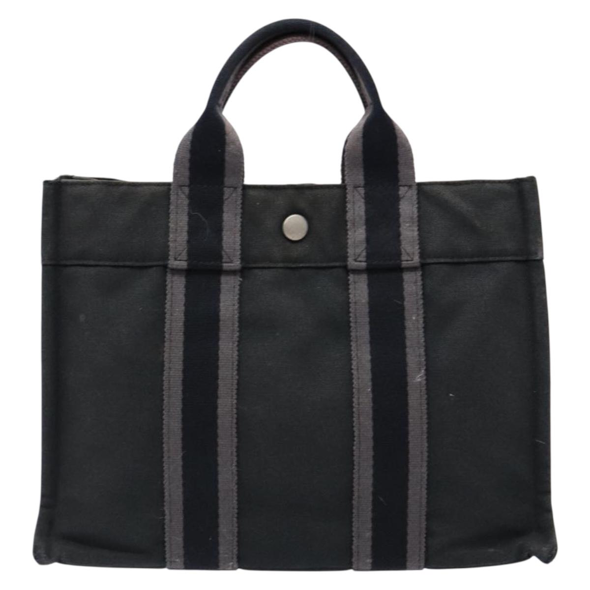HERMES Fourre Tout PM Hand Bag Canvas Black Gray Silver Auth 129762