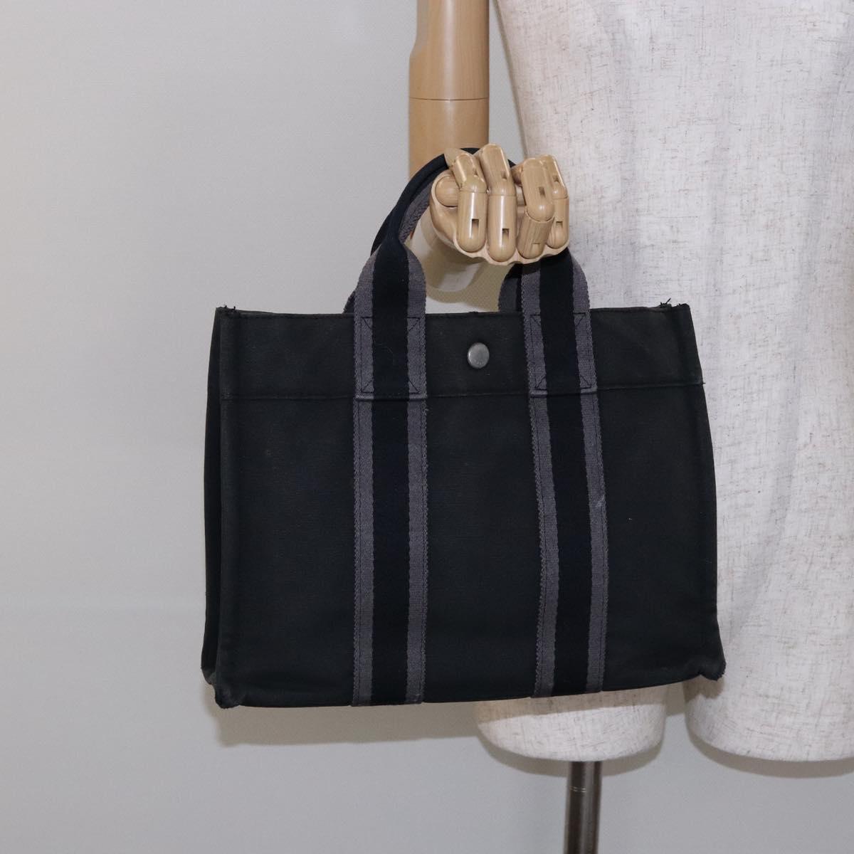 HERMES Fourre Tout PM Hand Bag Canvas Black Gray Silver Auth 129762
