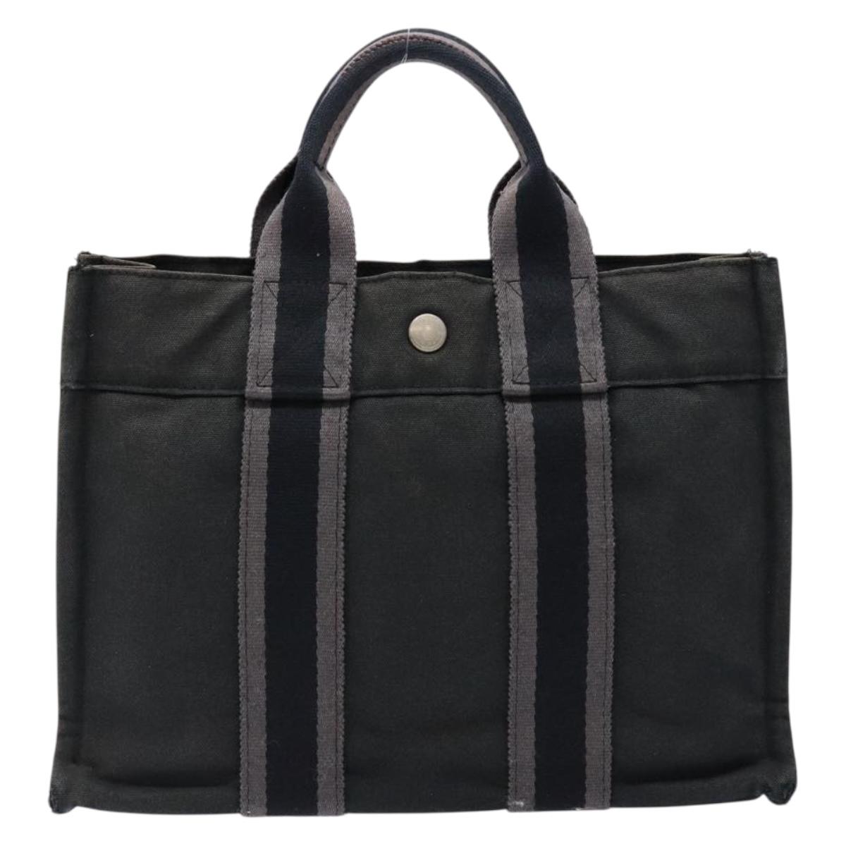 HERMES Fourre Tout PM Hand Bag Canvas Black Gray Silver Auth 129762