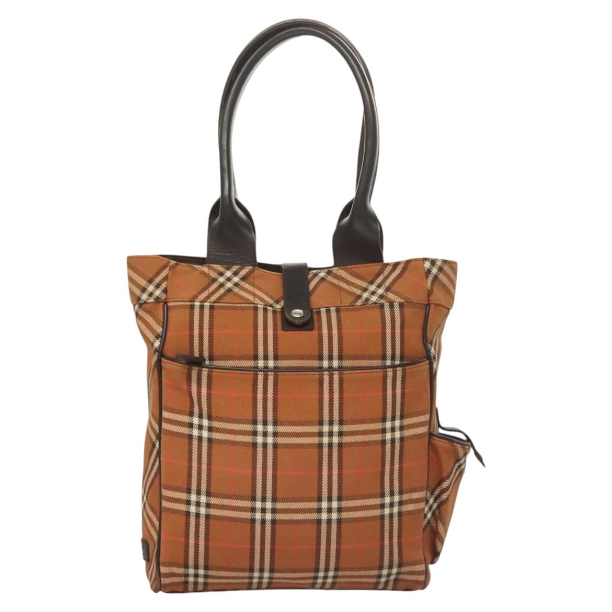 BURBERRY Nova Check Blue Label Tote Bag Canvas Brown Silver Auth 129810