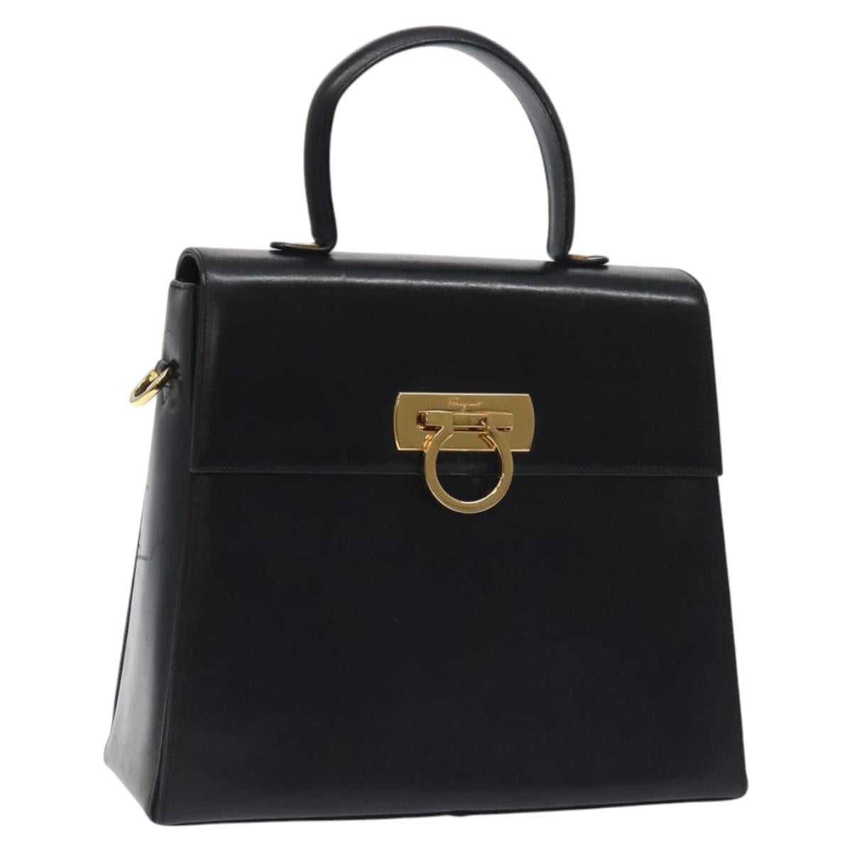 Salvatore Ferragamo Gancini Hand Bag Leather 2way Black Gold Auth 129924
