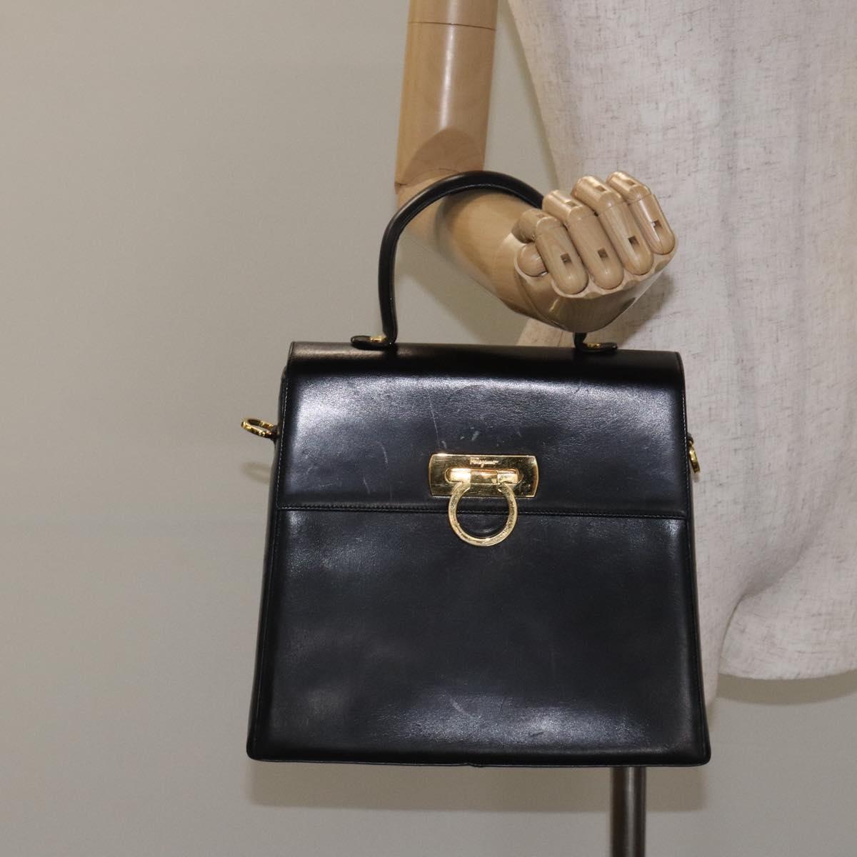 Salvatore Ferragamo Gancini Hand Bag Leather 2way Black Gold Auth 129924