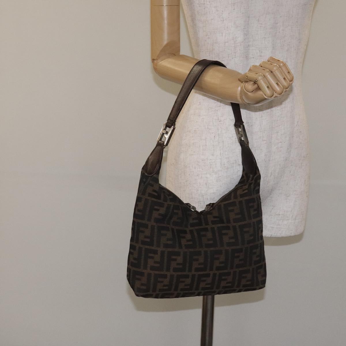 FENDI Zucca Canvas Shoulder Bag Black Brown Auth 129931