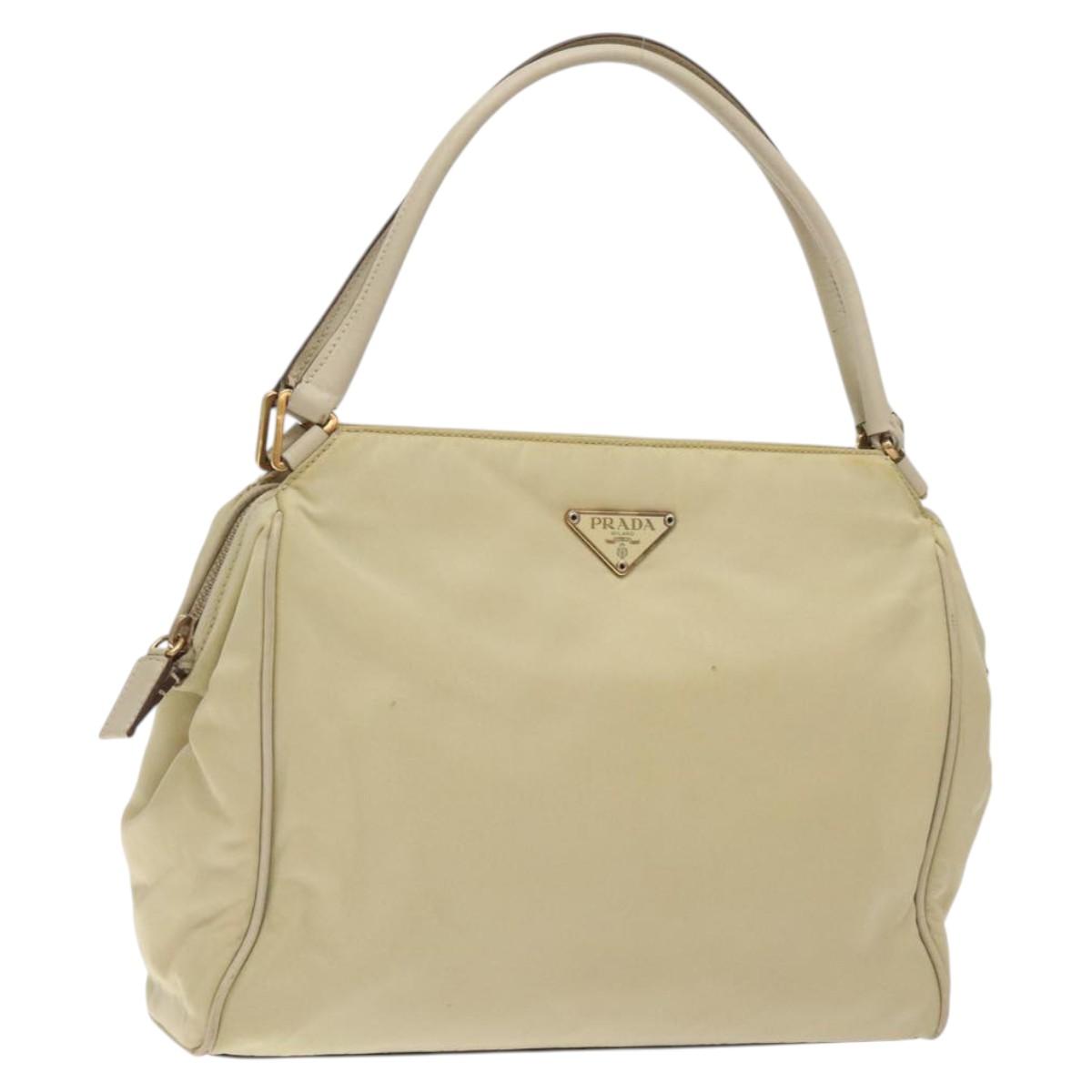 PRADA Hand Bag Nylon Leather Beige Gold Auth 129935