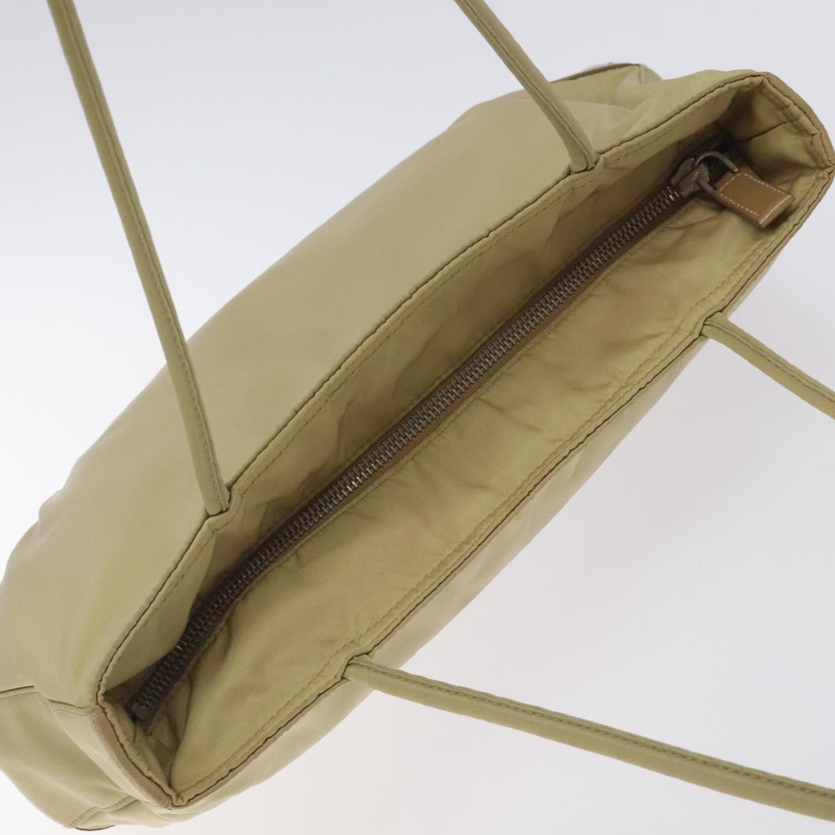 PRADA Tote Bag Nylon Leather Beige Silver Auth 129939