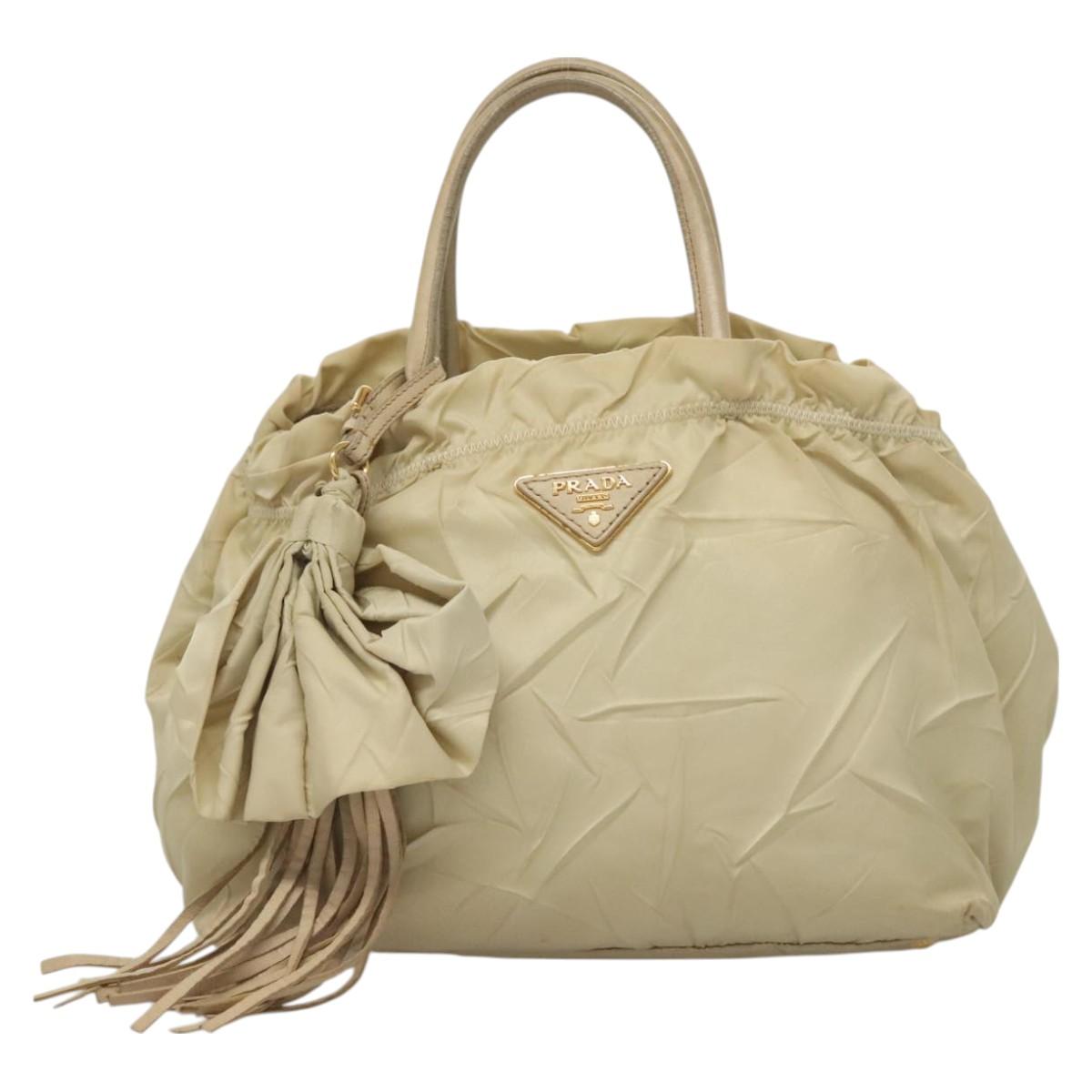PRADA Hand Bag Nylon Beige Gold Auth 129942