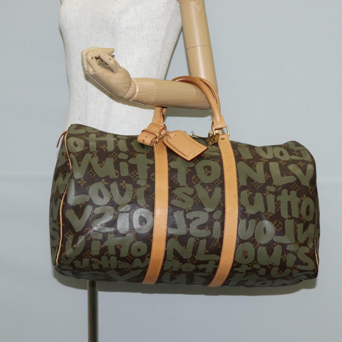 LOUIS VUITTON Monogram Graffiti Keepall 50 Boston Bag Khaki M92196 Auth 129961V