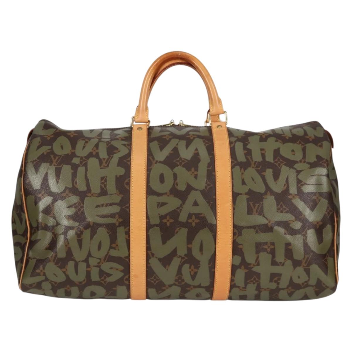 LOUIS VUITTON Monogram Graffiti Keepall 50 Boston Bag Khaki M92196 Auth 129961V