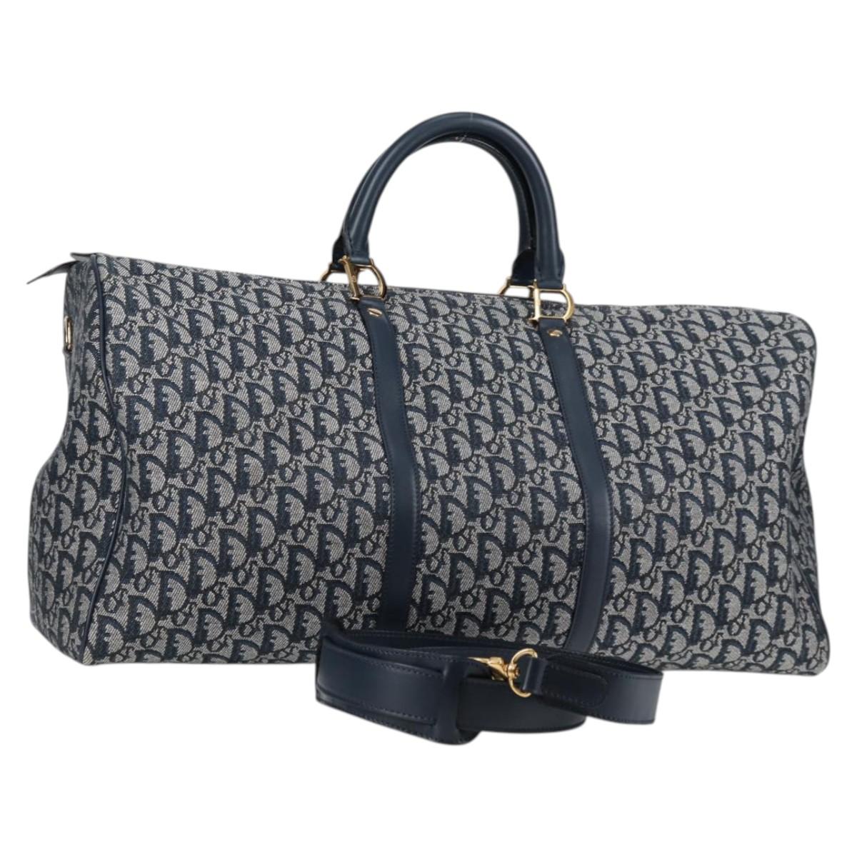 Christian Dior Trotter Canvas Boston Bag Navy Gold Auth 129964SAV
