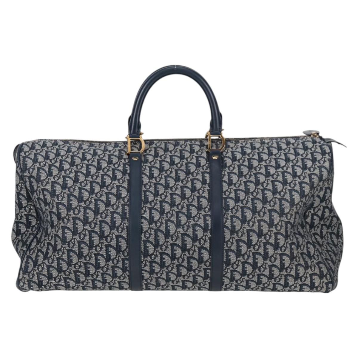 Christian Dior Trotter Canvas Boston Bag Navy Gold Auth 129964V