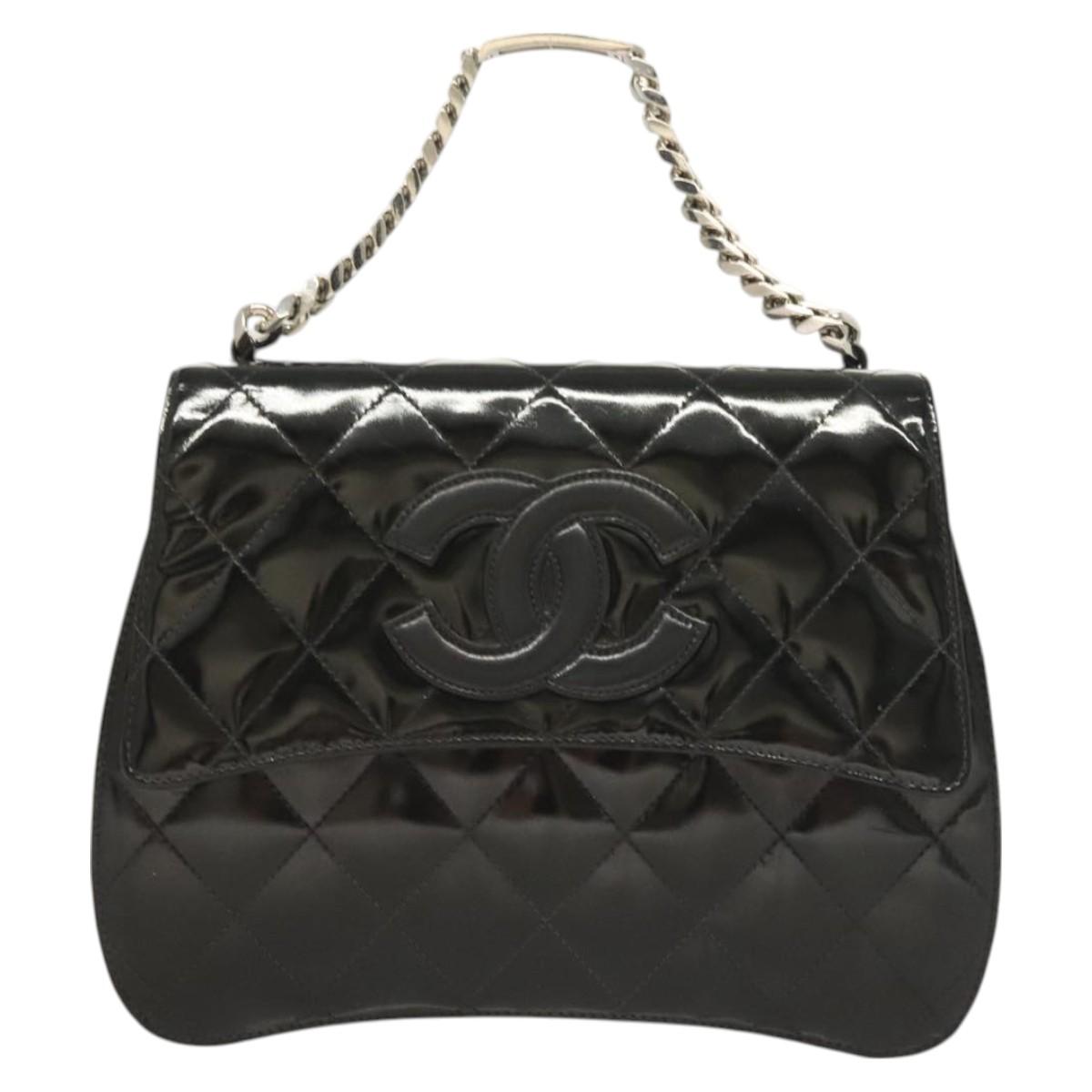 CHANEL Matelasse COCO Mark Chain Hand Bag Patent Black Silver CC Auth 130042V