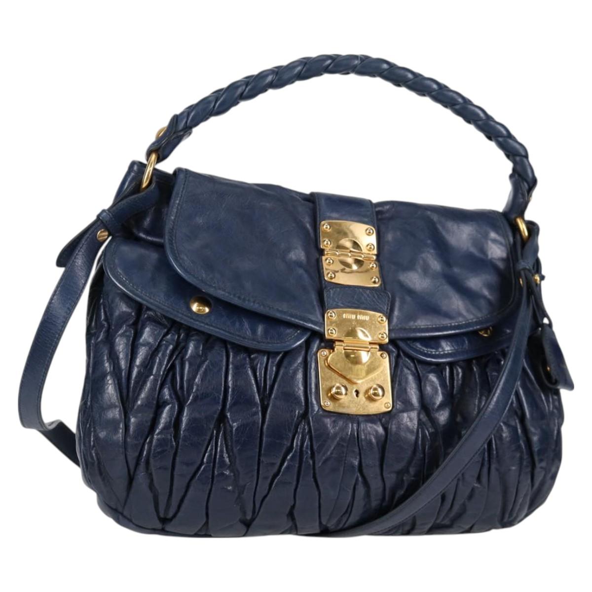 Miu Miu Matelasse Hand Bag Leather 2way Blue Gold Auth 130113V