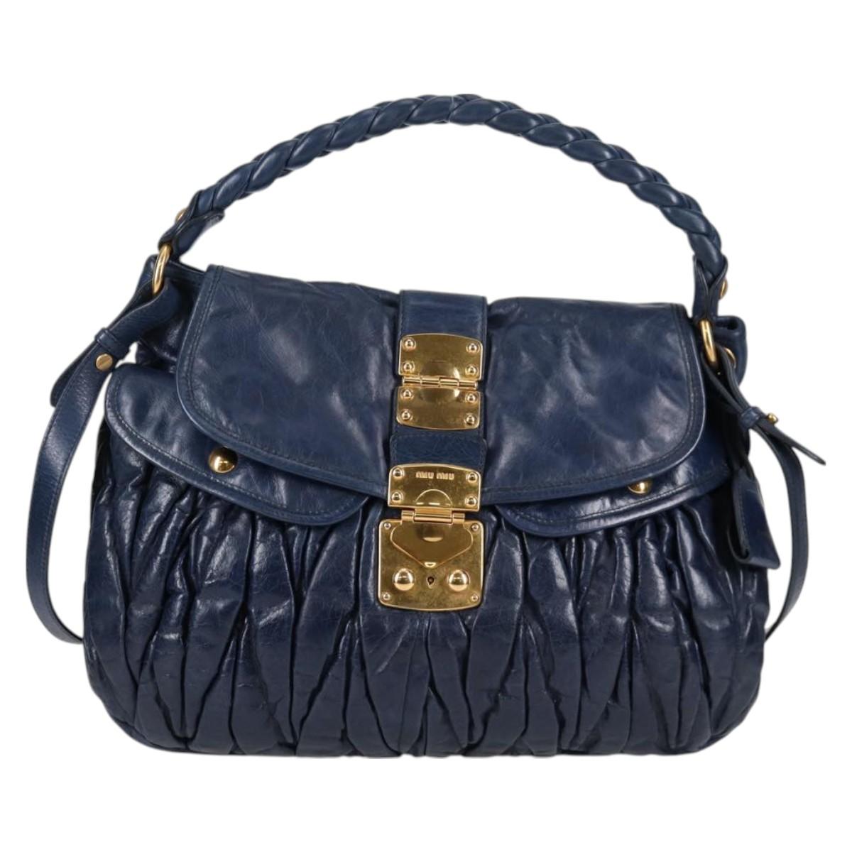 Miu Miu Matelasse Hand Bag Leather 2way Blue Gold Auth 130113V