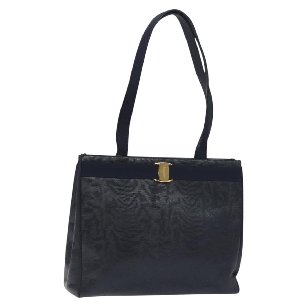 Salvatore Ferragamo Tote Bag Snakeskin embossed Navy Gold Auth 130119