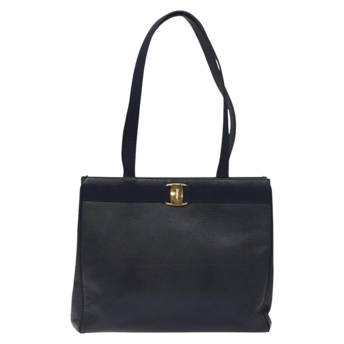 Salvatore Ferragamo Tote Bag Snakeskin embossed Navy Gold Auth 130119
