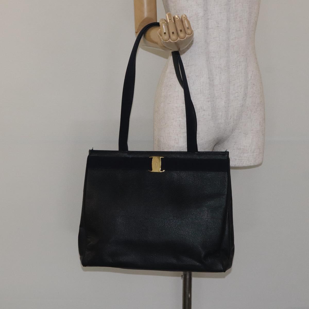Salvatore Ferragamo Tote Bag Snakeskin embossed Navy Gold Auth 130119