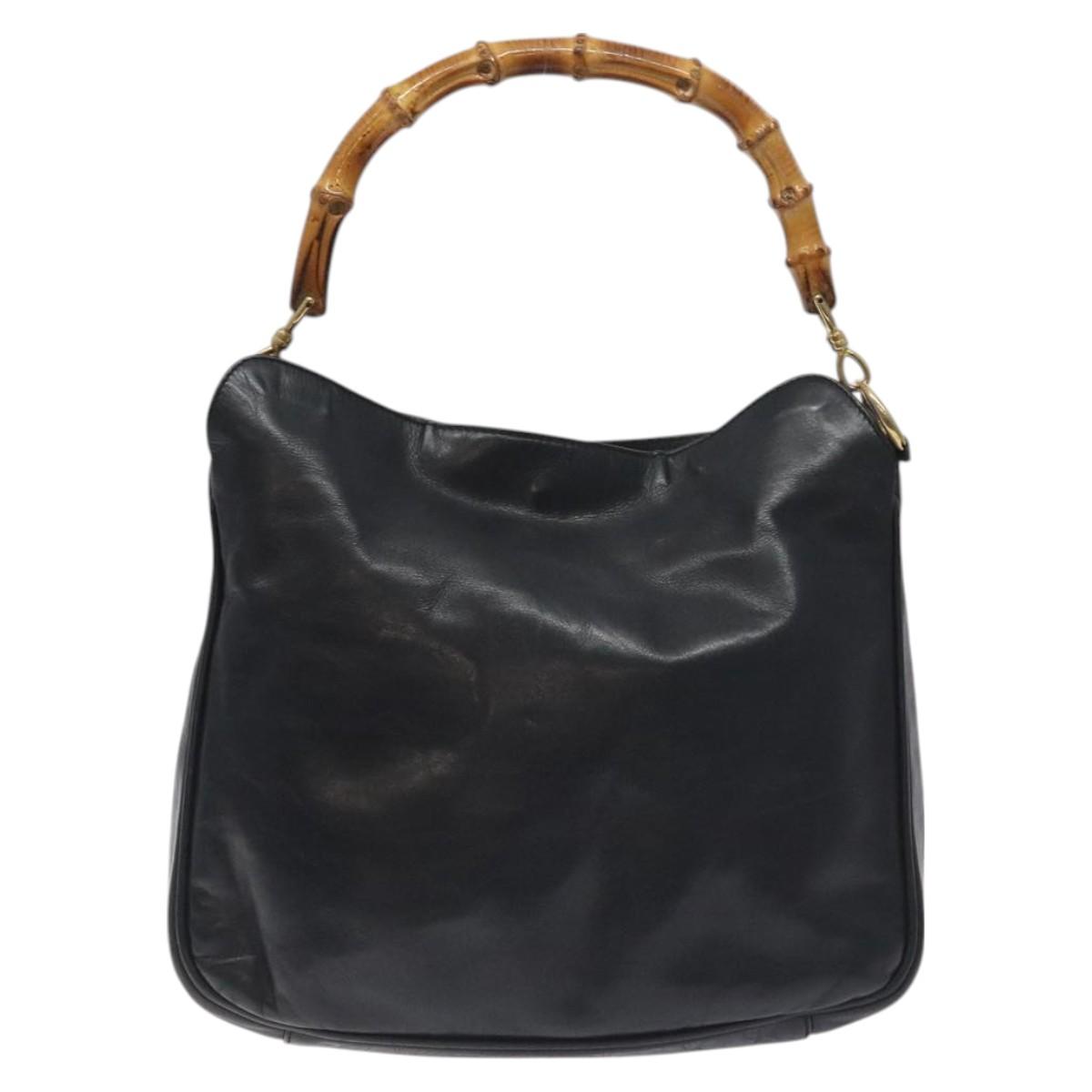 GUCCI Bamboo Hand Bag Leather Black Gold 001 2113 1638 Auth 130141