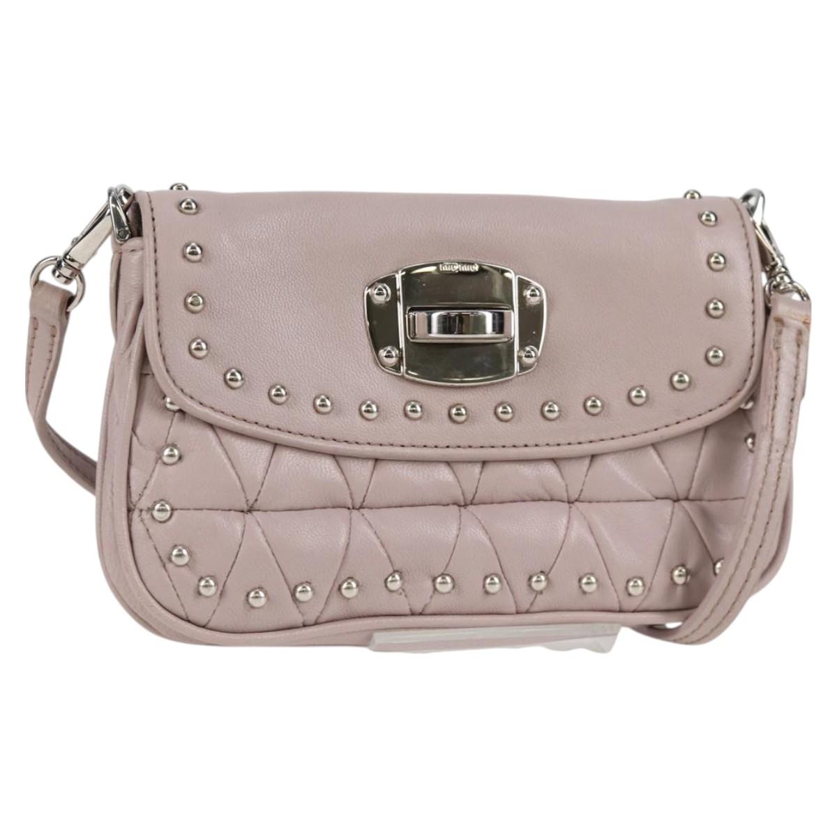 Miu Miu Studs Chain Shoulder Bag Leather Pink Silver Auth 130159V
