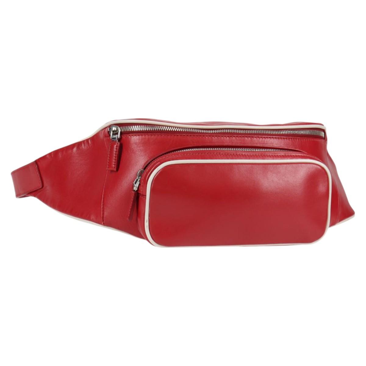 PRADA Body Bag Leather Silver Red Auth 130229V