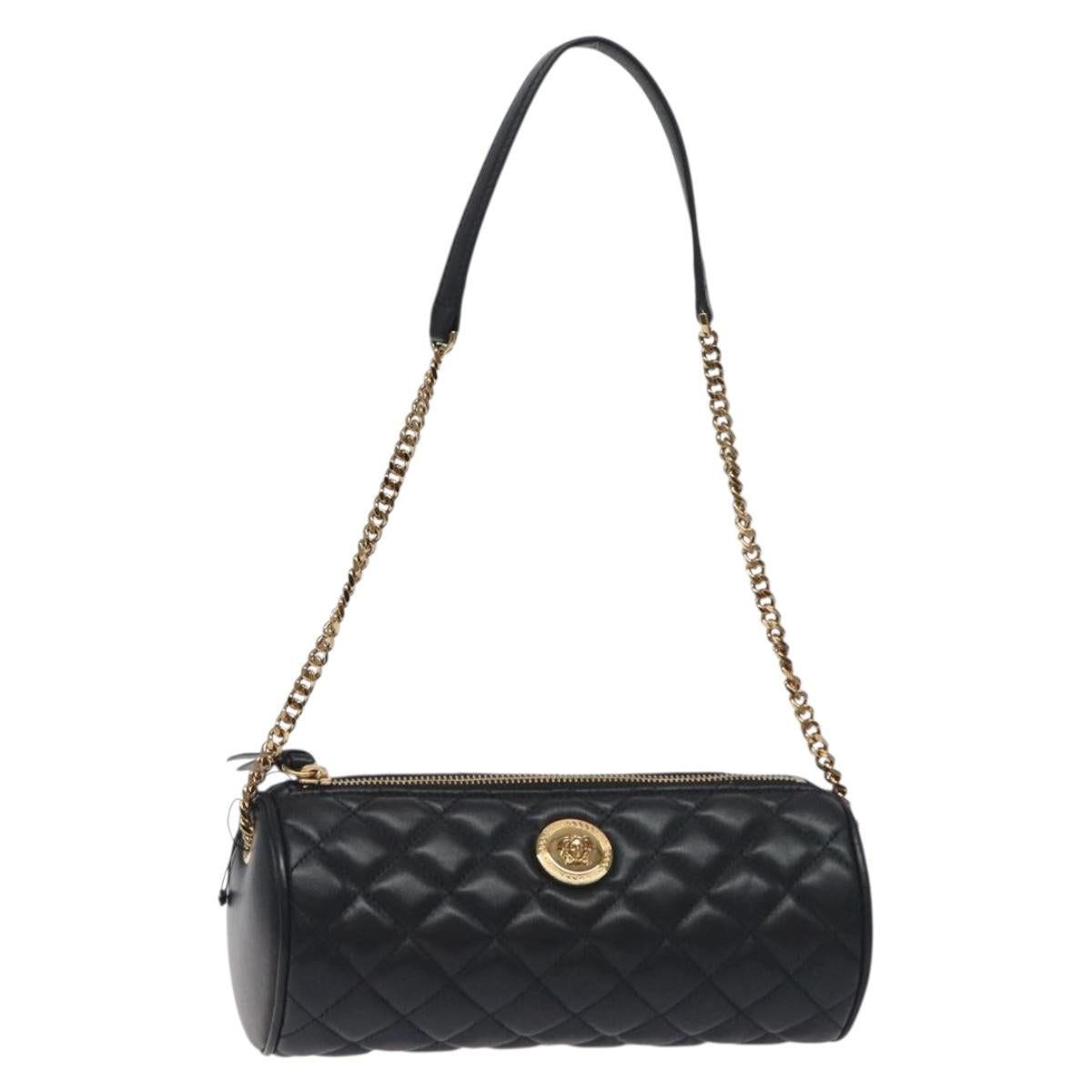 VERSACE Chain Shoulder Bag Leather Black Gold Auth 130253