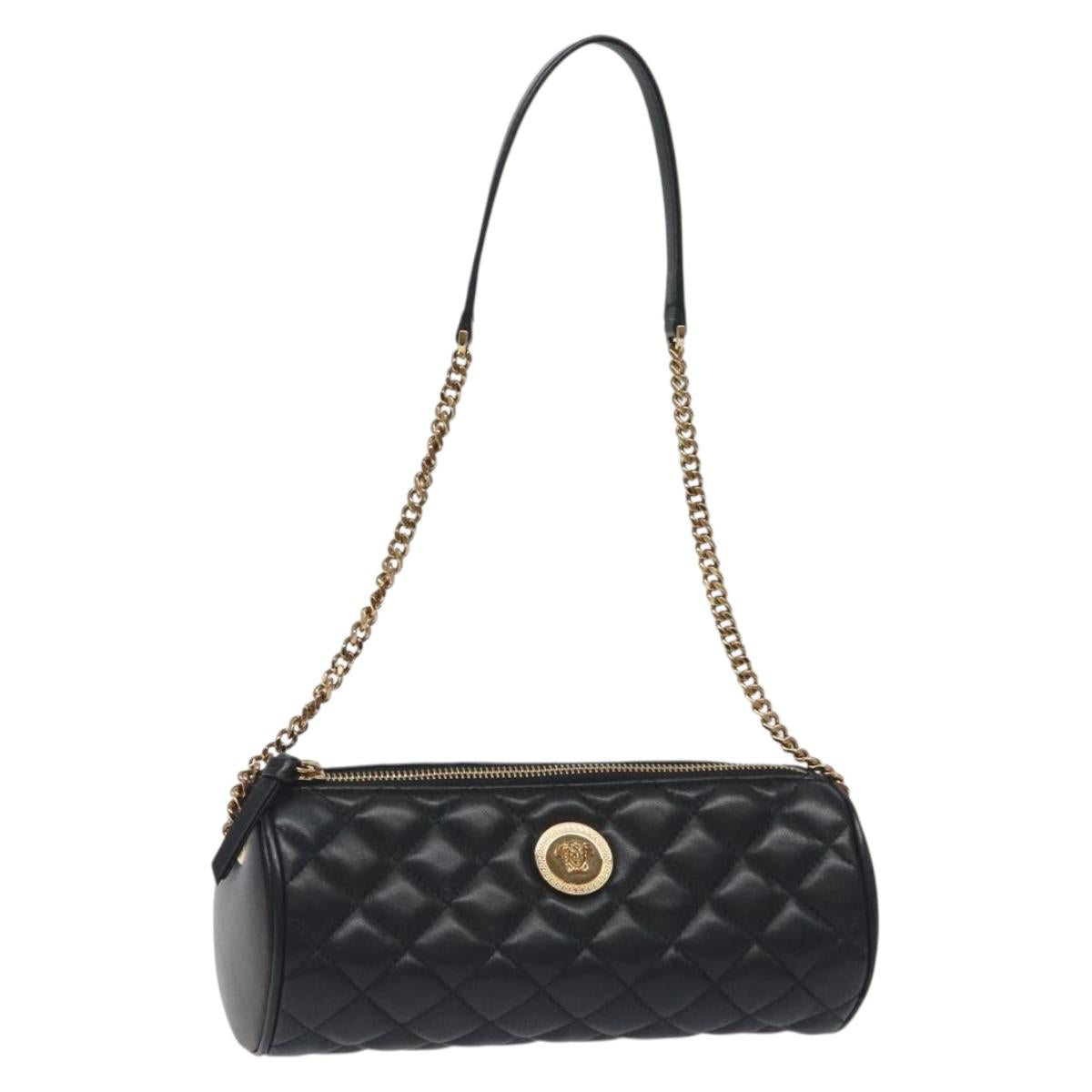 VERSACE Chain Shoulder Bag Leather Black Gold Auth 130254