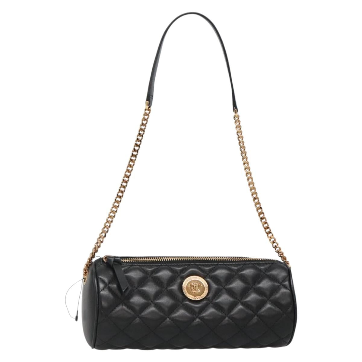 VERSACE Chain Shoulder Bag Leather Black Gold Auth 130255