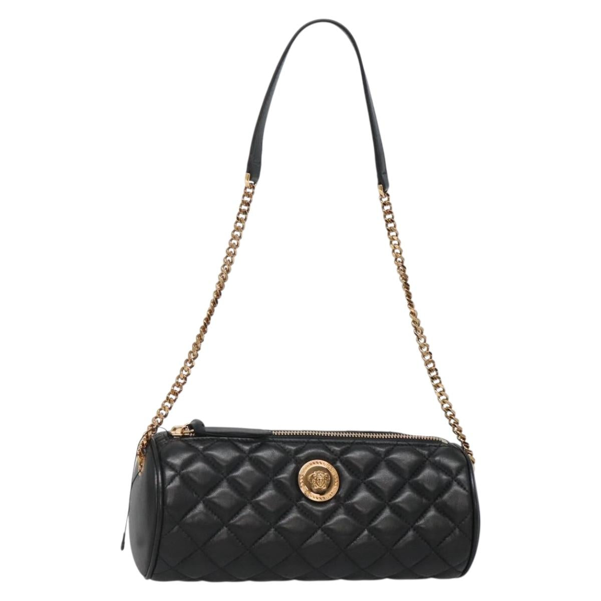 VERSACE Chain Shoulder Bag Leather Black Gold Auth 130257