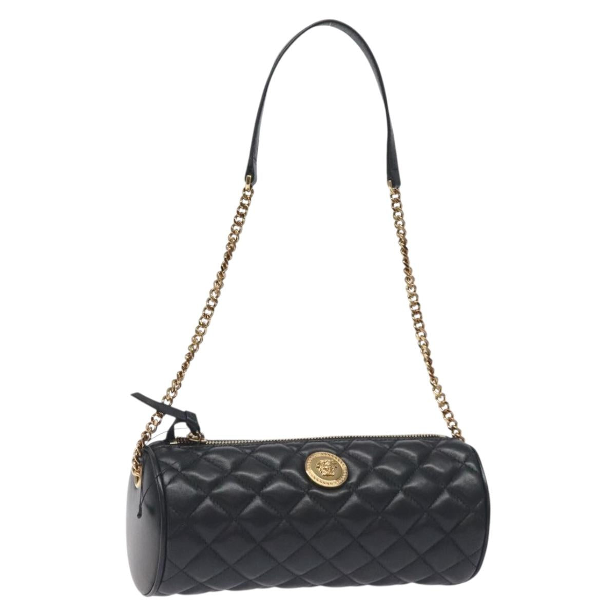 VERSACE Chain Shoulder Bag Leather Black Gold Auth 130258