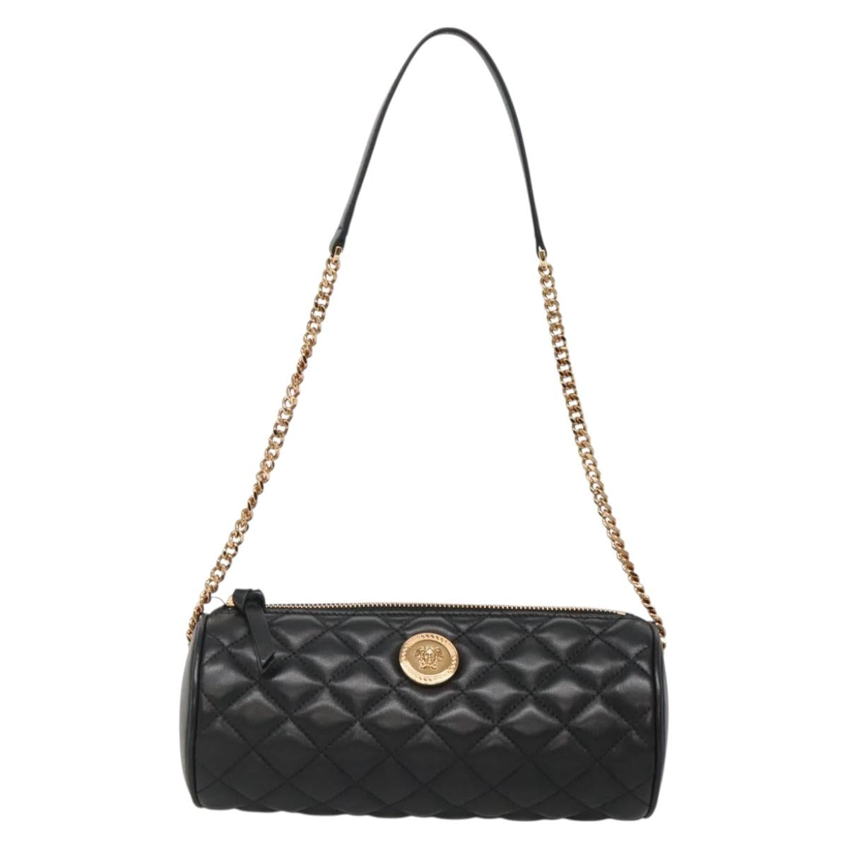 VERSACE Chain Shoulder Bag Leather Black Gold Auth 130260